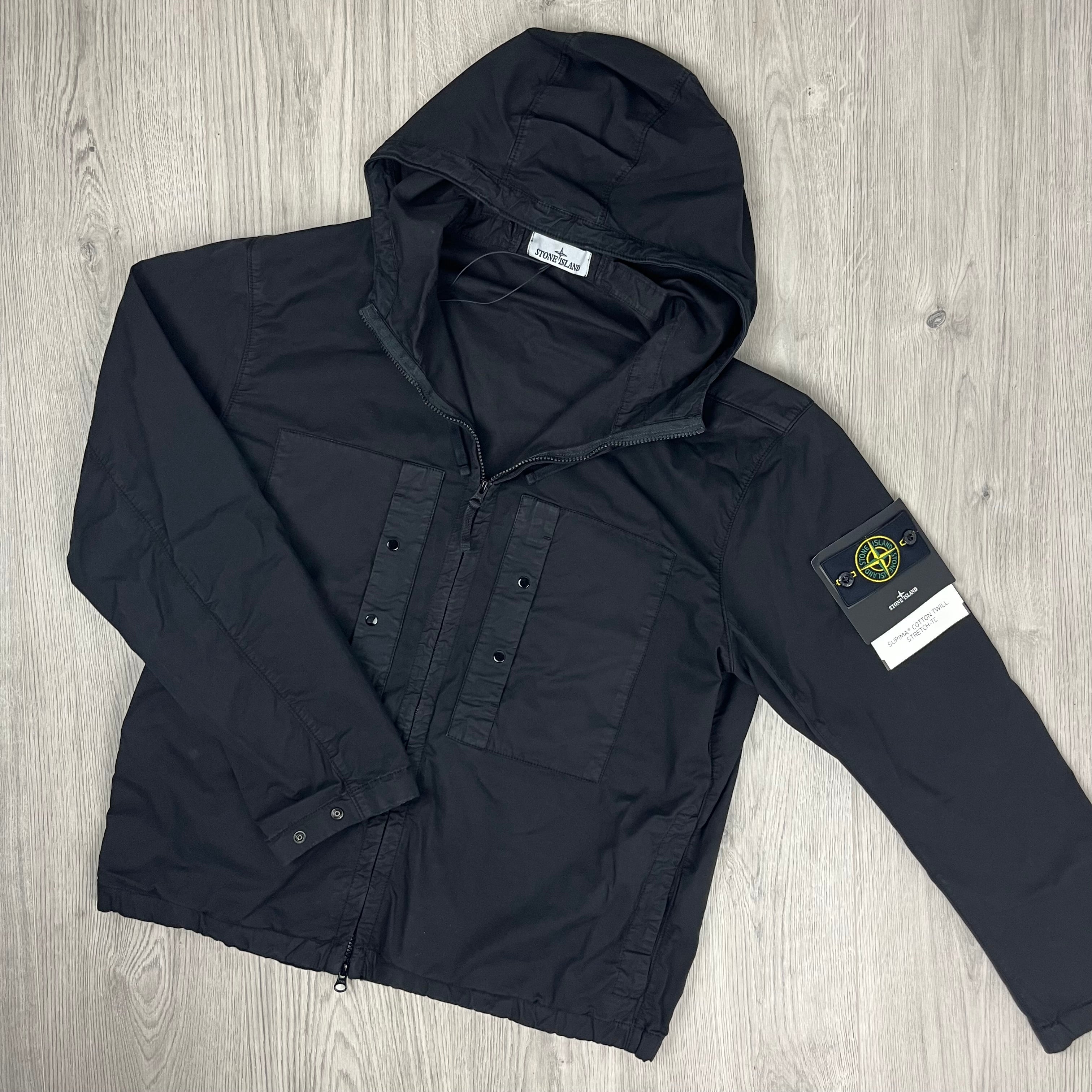 Men's Stone Island Supima Hooded Overshirt in Black. On sale at Open Attire.