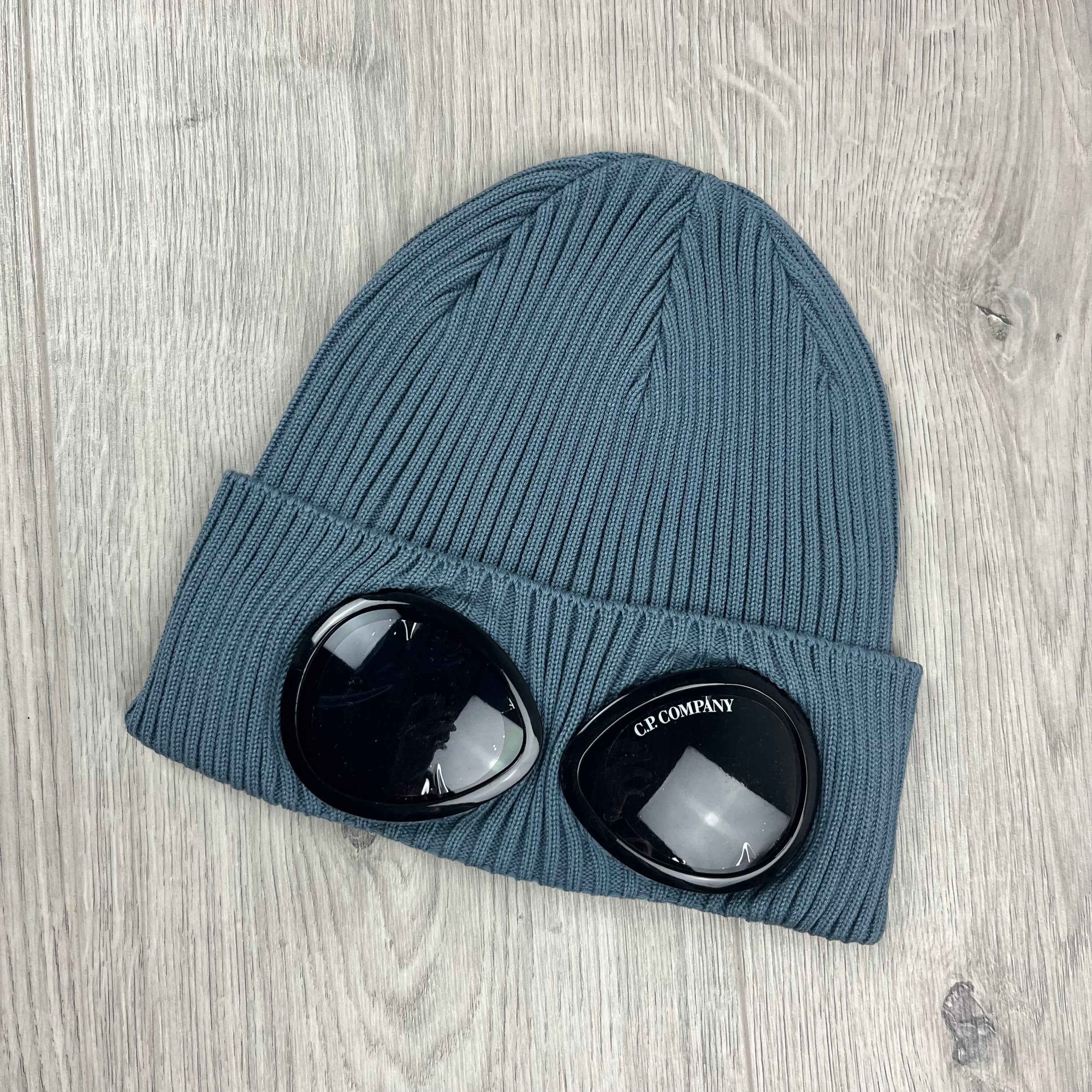 CP Company Cotton Goggle Beanie in Stormy Weather. On sale at Open Attire.