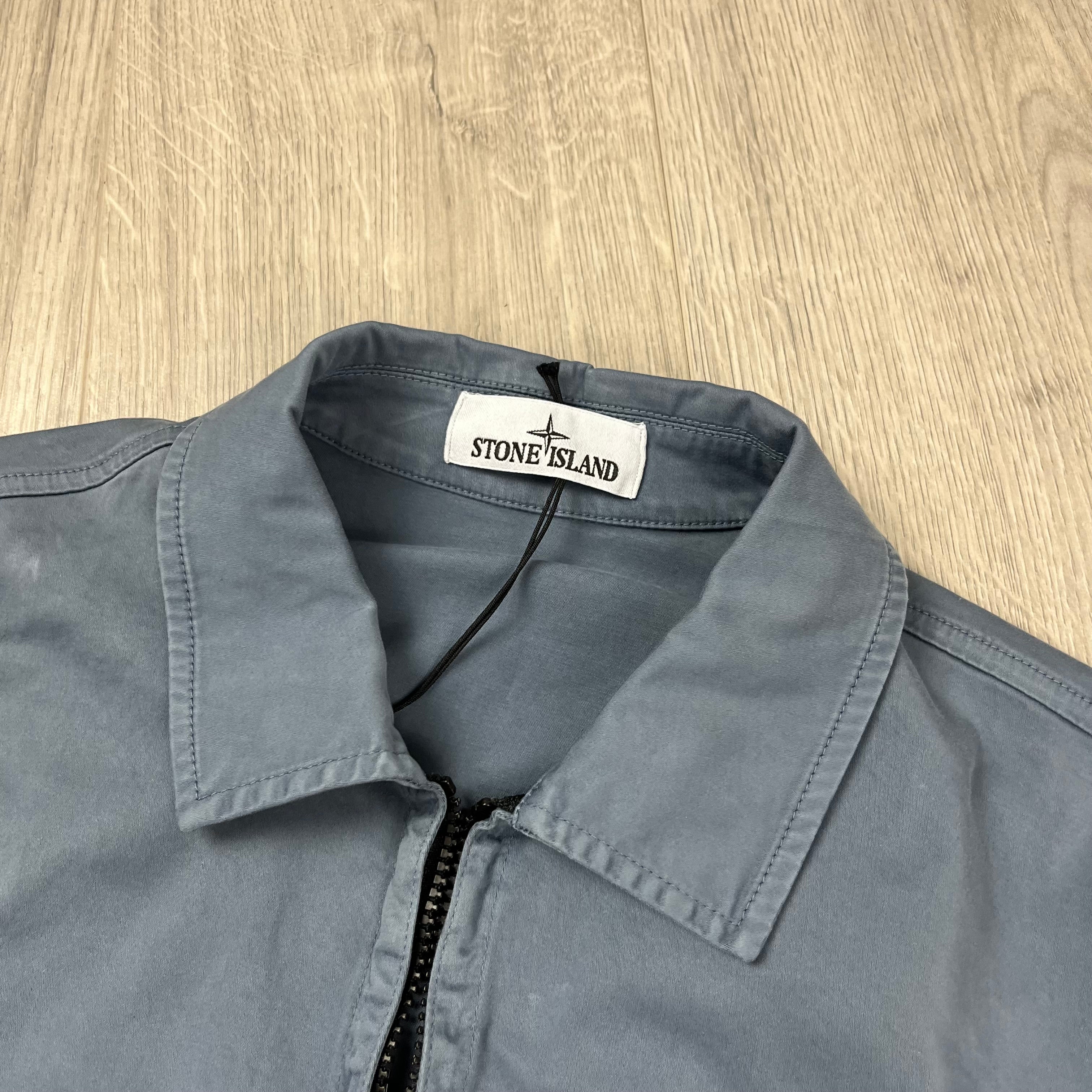 Stone Island Stretch Cotton Satin Overshirt in Avio Blue. On sale at Open Attire.