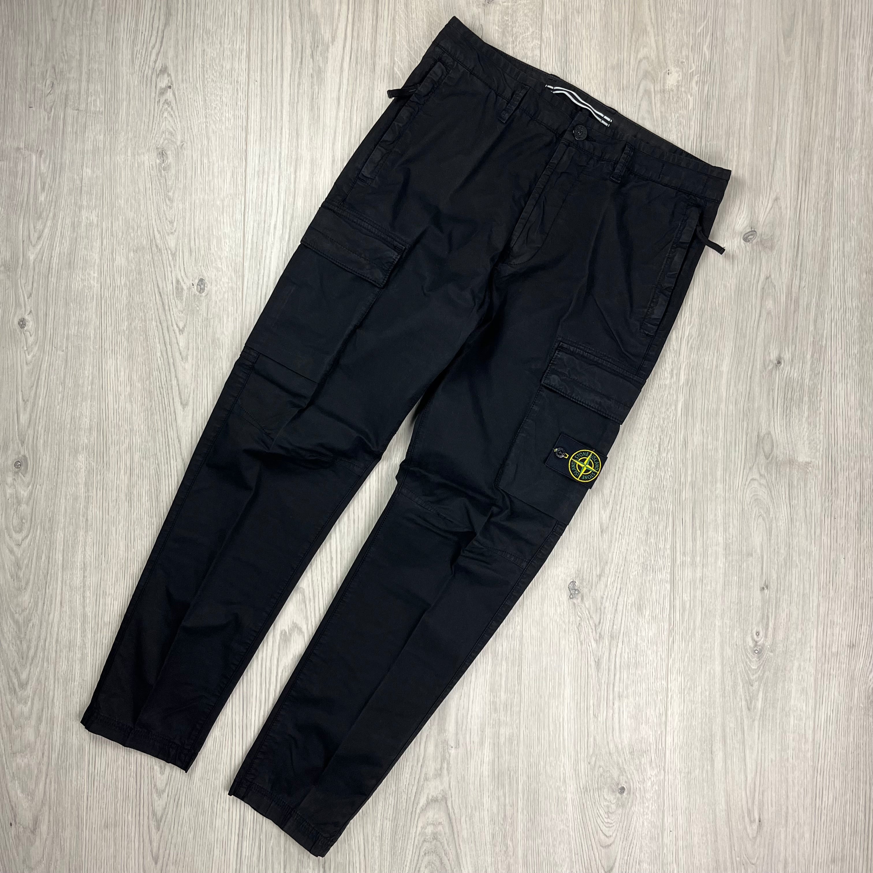 Stone Island Broken Twill Cotton Cargo Trousers in Black. On sale at Open Attire.