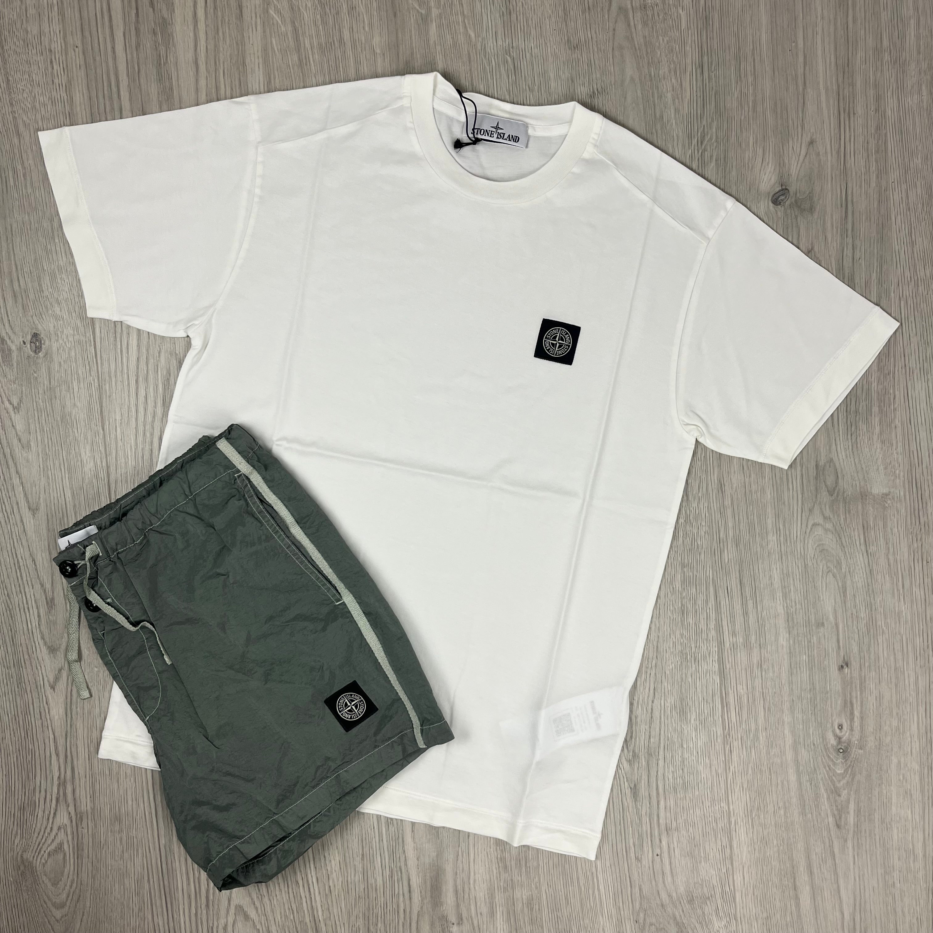 Stone Island Holiday Set in White/Sage Green. On sale at Open Attire.
