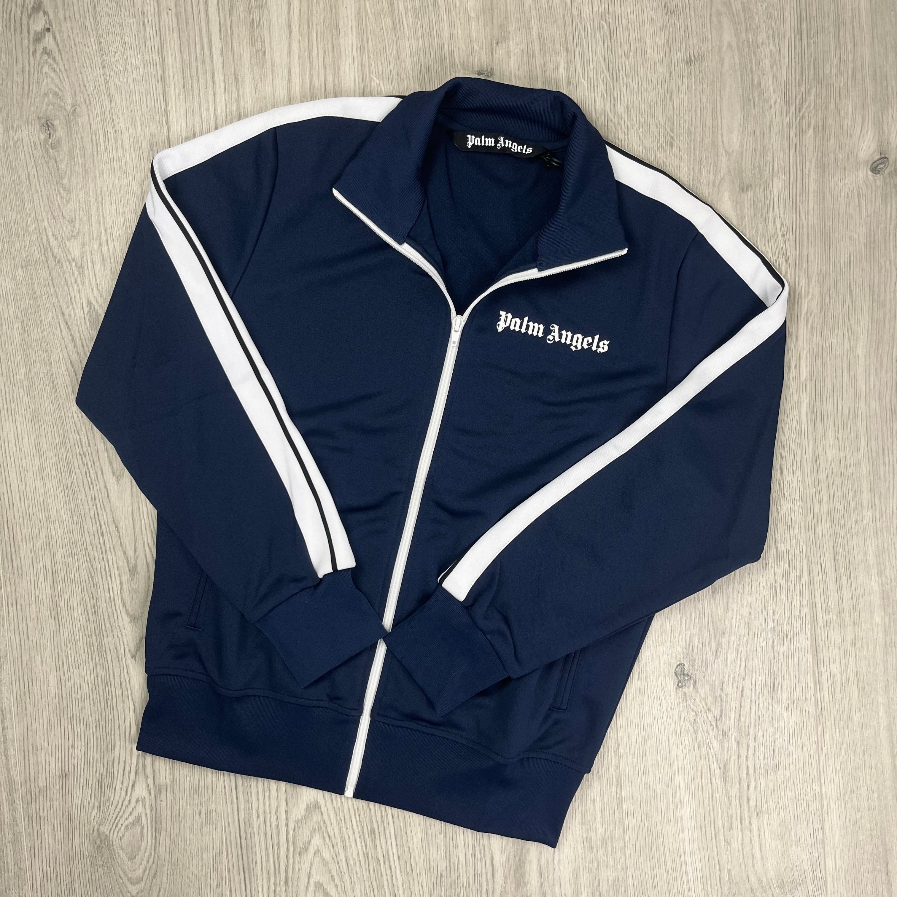 Palm Angels Track Jacket in Navy Blue. On sale at Open Attire.