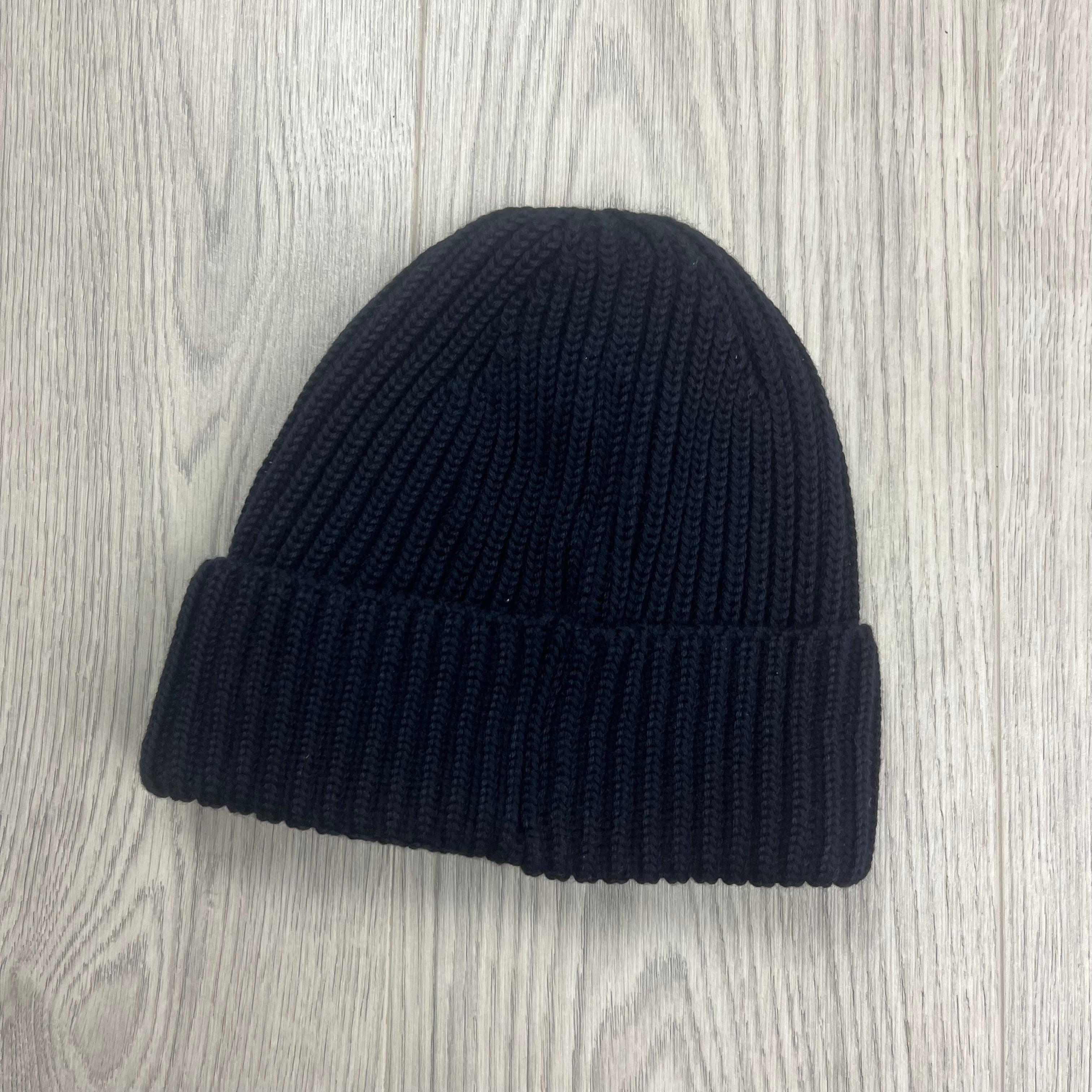 CP Company Merino Wool Lens Beanie in Total Eclipse Navy Blue. On sale at Open Attire.