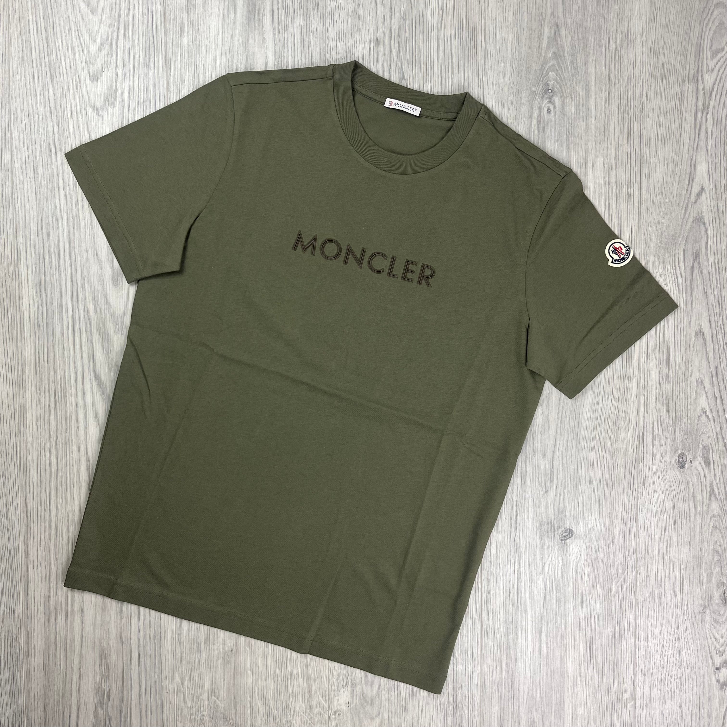 Moncler Logo T-shirt in Khaki Green. On sale at Open Attire.