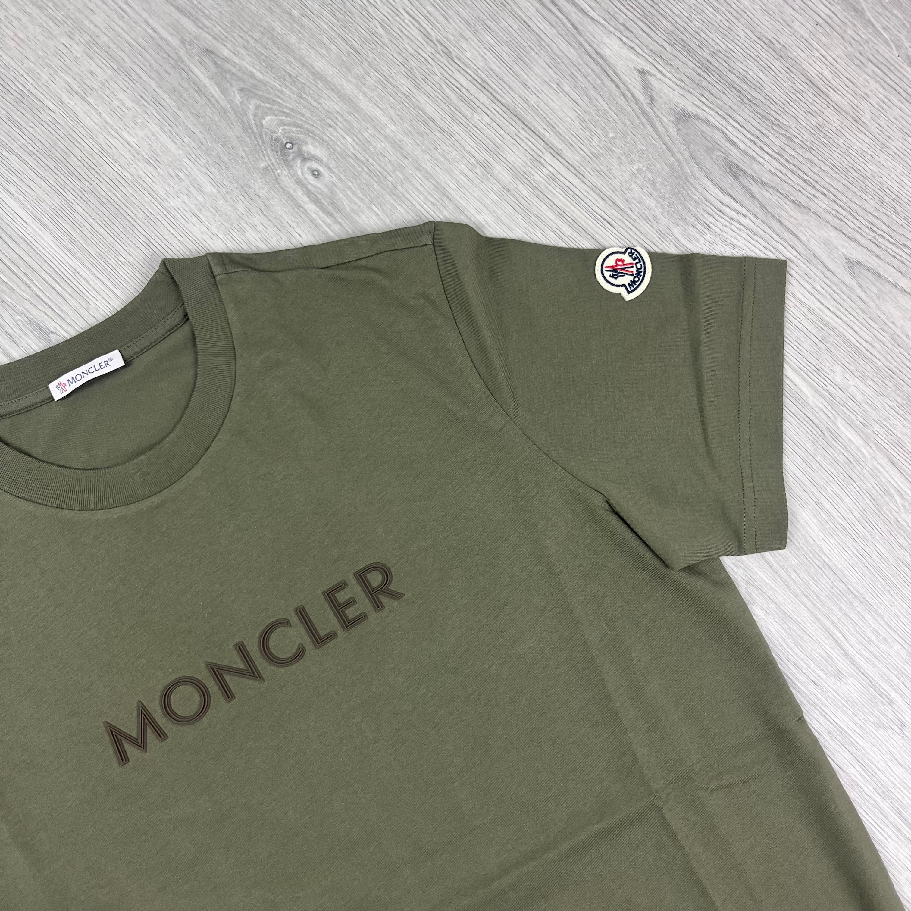 Moncler Logo T-shirt in Khaki Green. On sale at Open Attire.