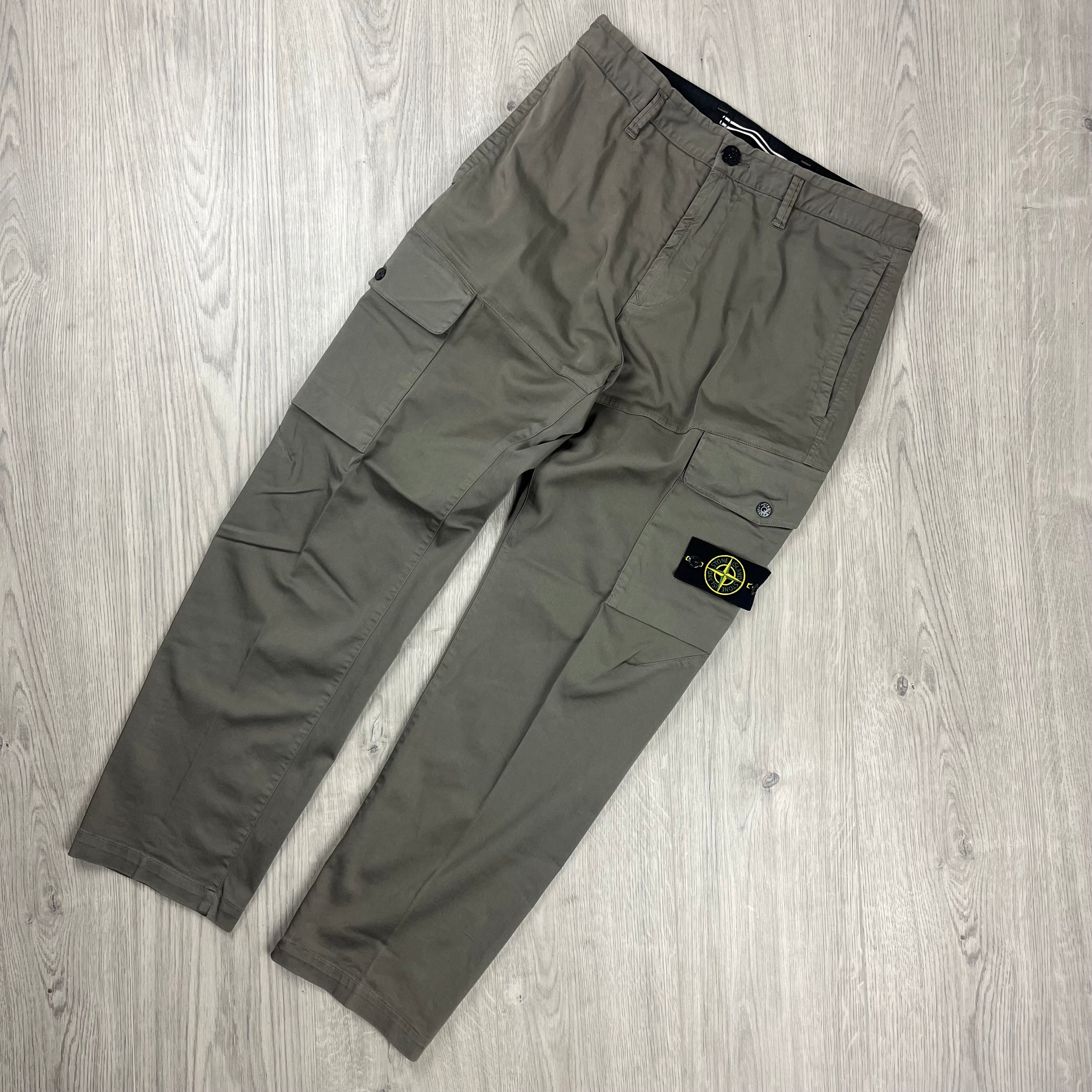 Stone Island Cotton Satin Cargo Trousers in Walnut Brown. On sale at Open Attire