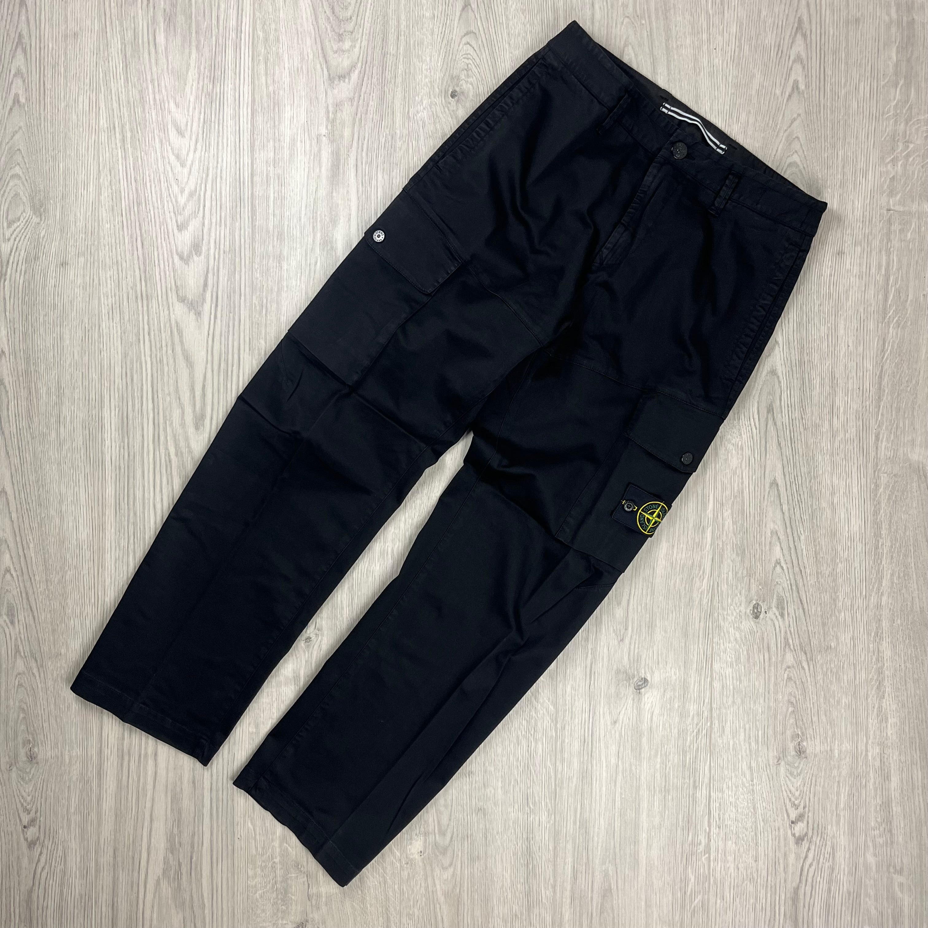 Stone Island Cotton Satin Cargo Trousers in Black. On sale at Open Attire