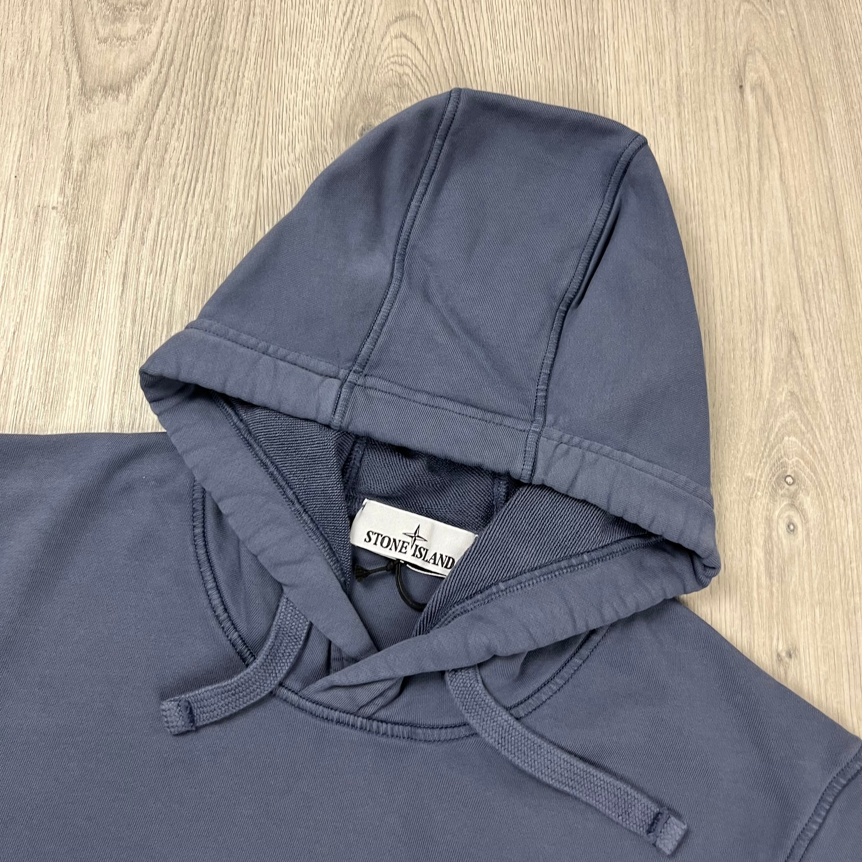 Stone Island Pullover Hoodie in Mid Blue. On sale at Open Attire.