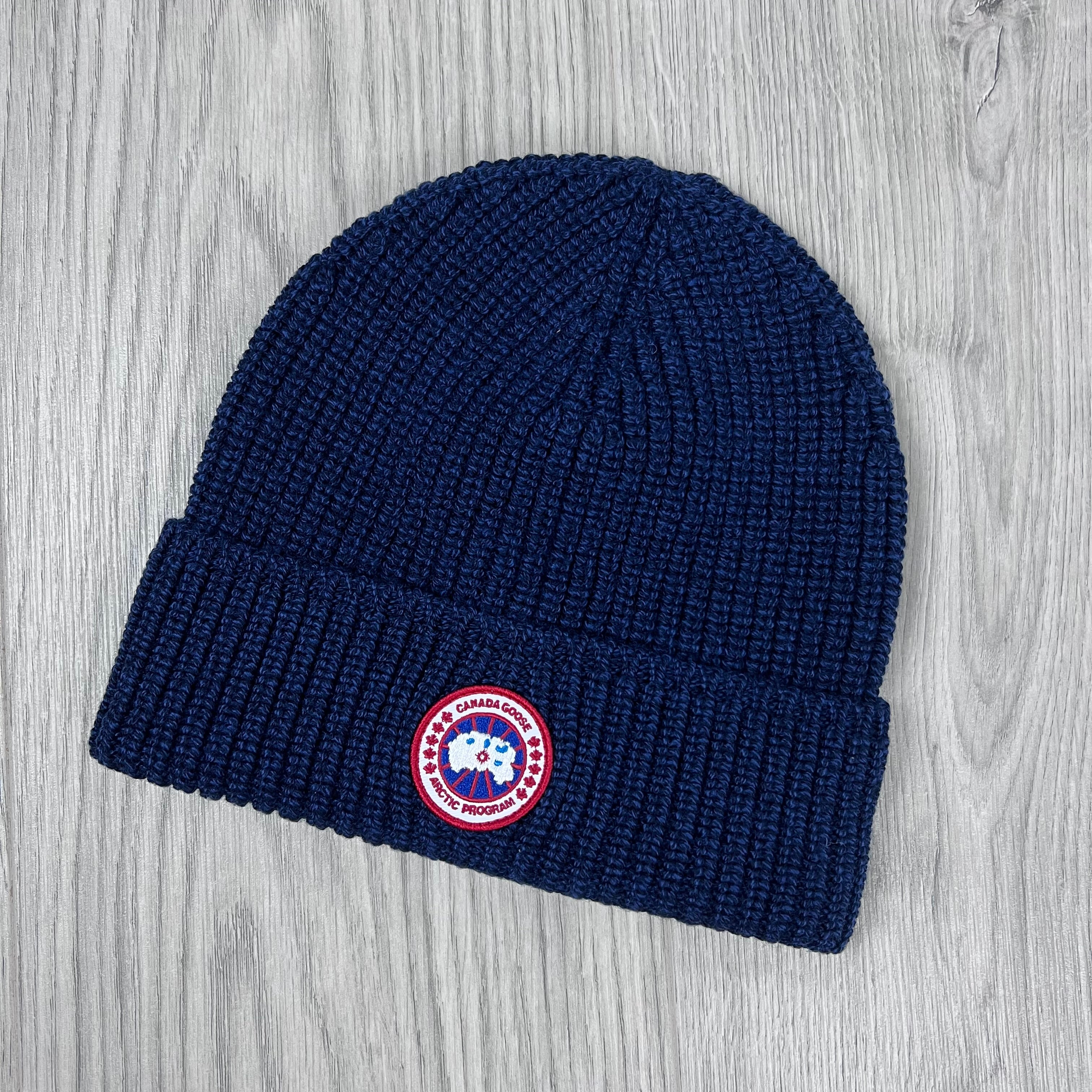 Canada Goose Ribbed Toque Beanie in Navy Heather. On sale at Open Attire.