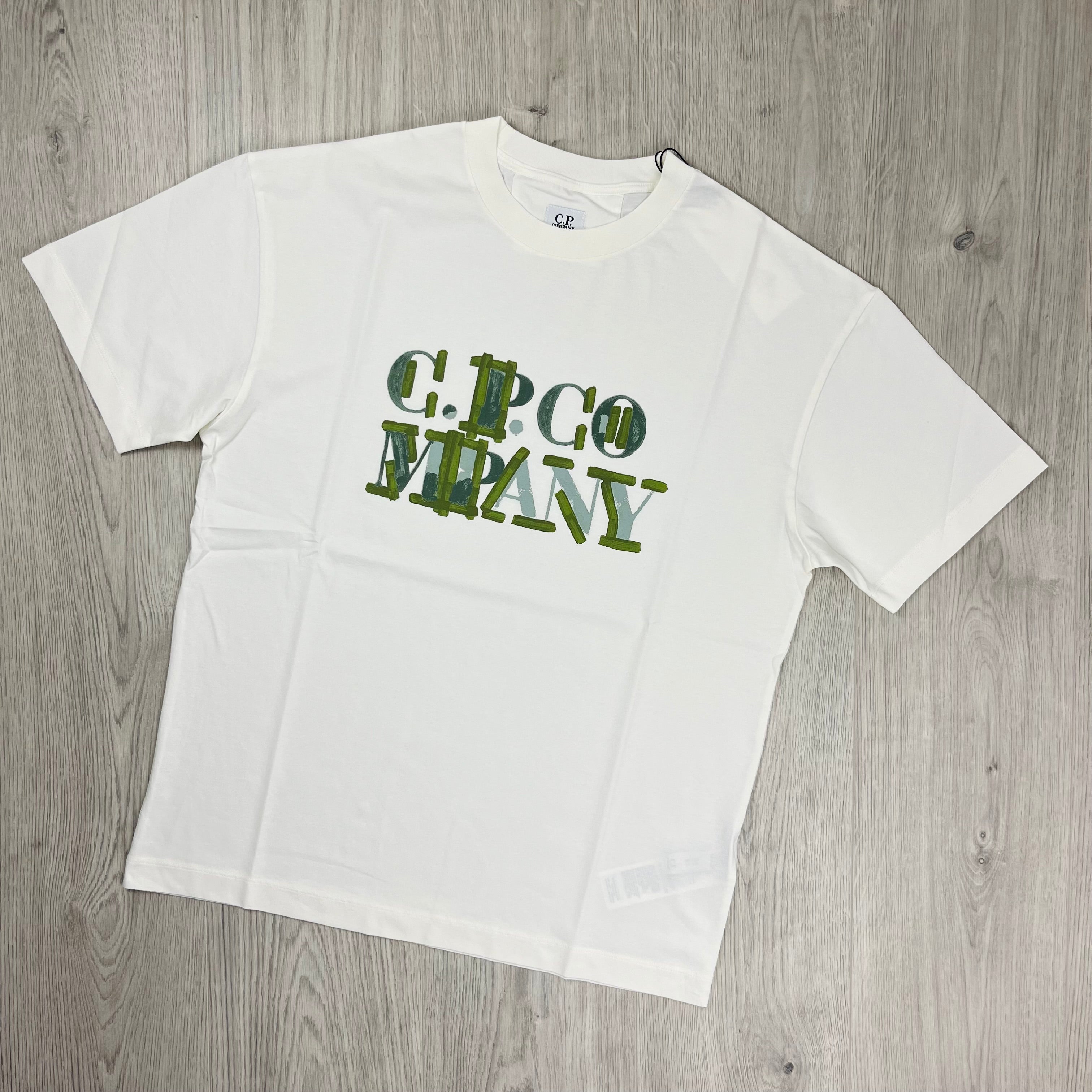 CP Company Blurred Logo T-Shirt in Gauze White. On sale at Open Attire.