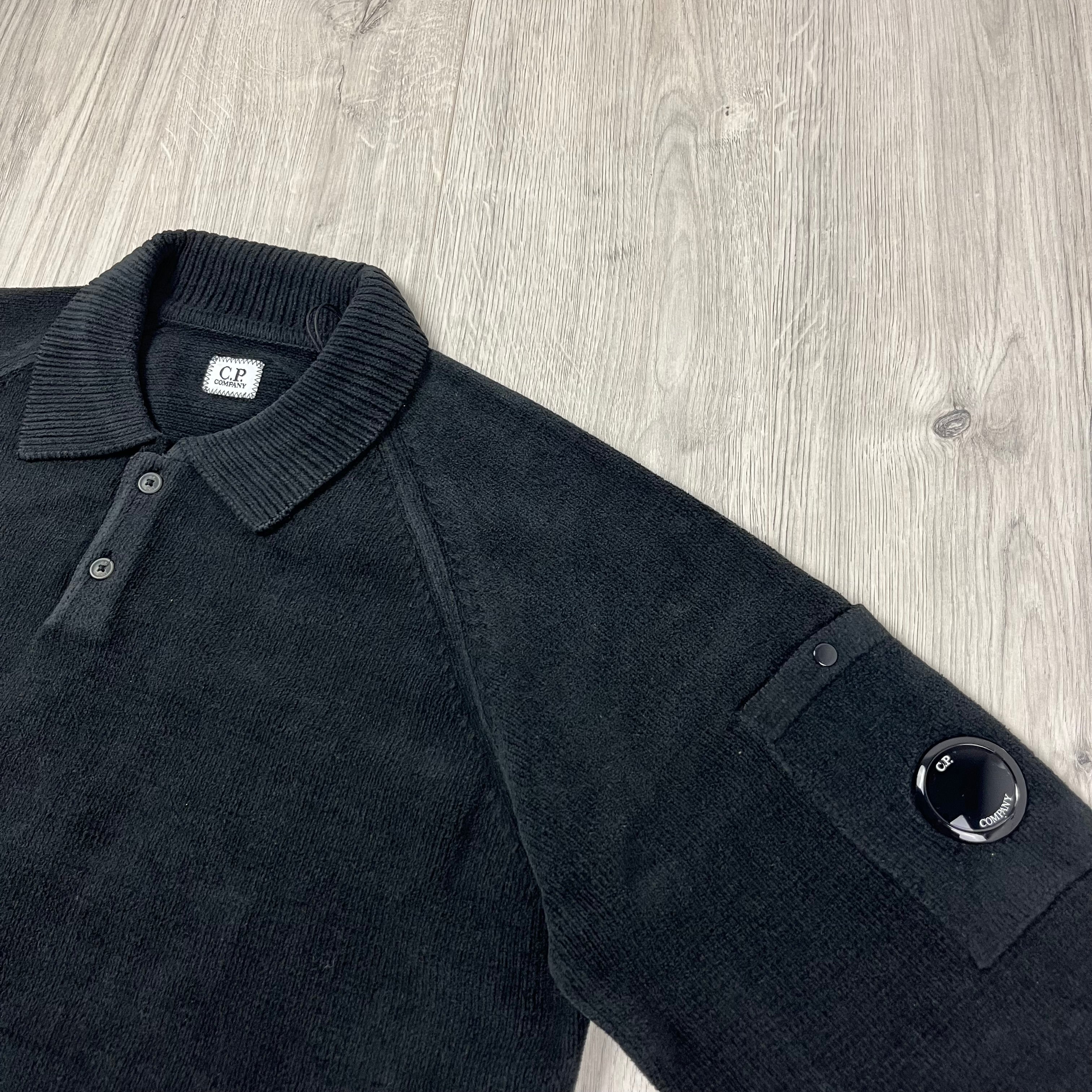 CP Company Chenille Knit Polo Sweatshirt in Black. On sale at Open Attire.