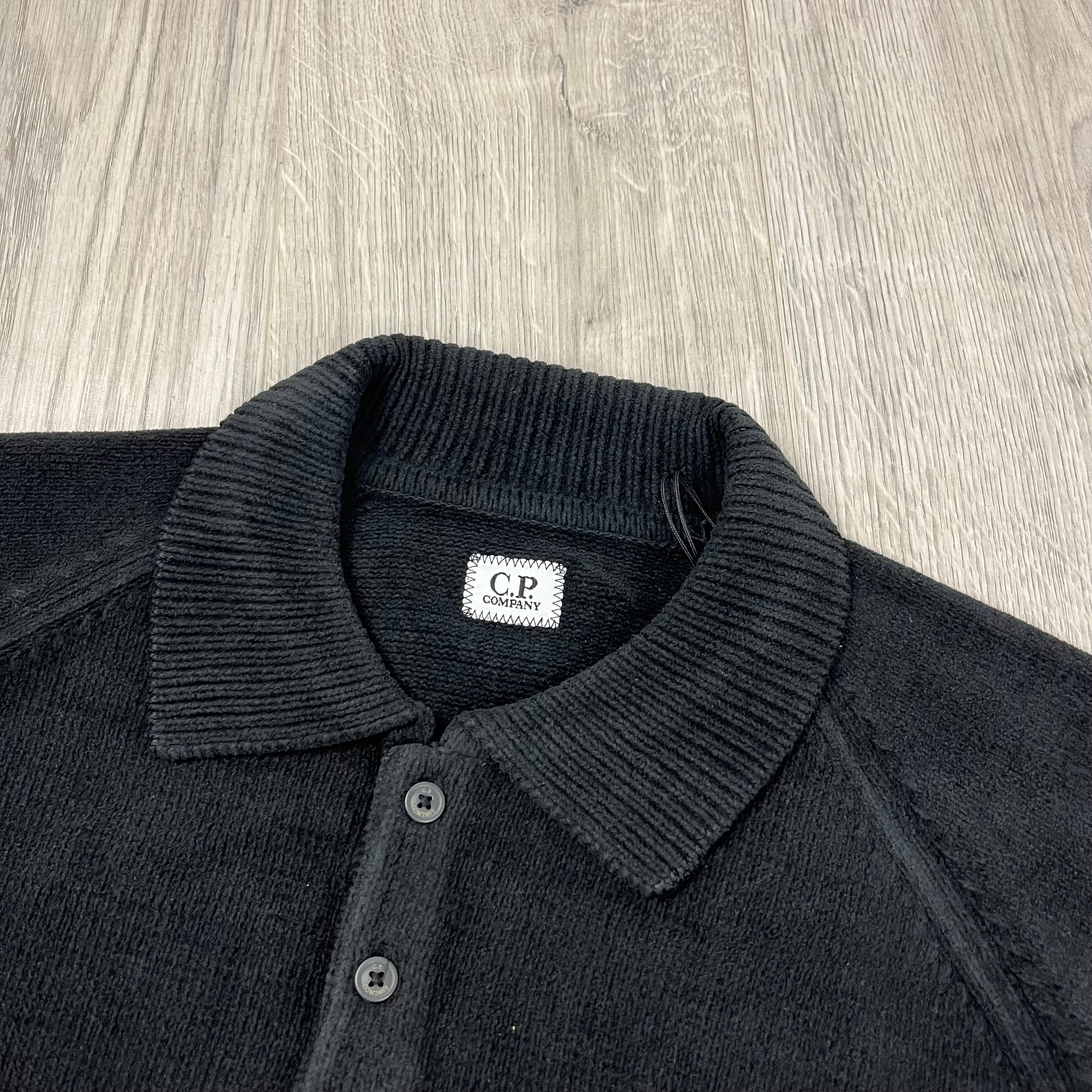 CP Company Chenille Knit Polo Sweatshirt in Black. On sale at Open Attire.