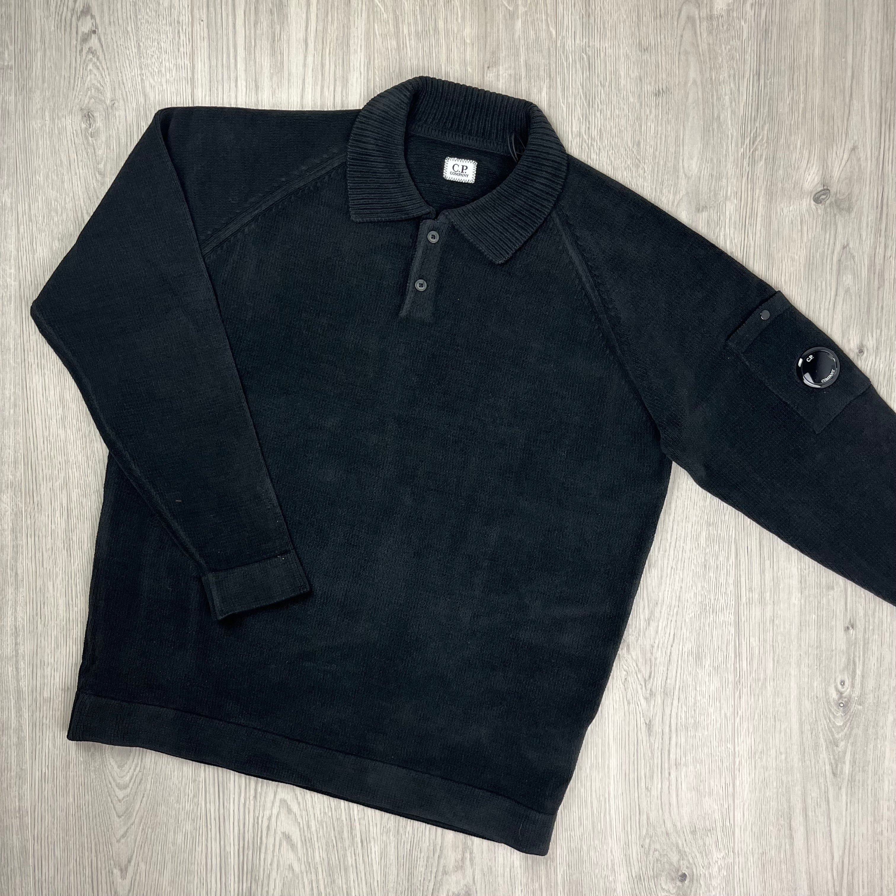 CP Company Chenille Knit Polo Sweatshirt in Black. On sale at Open Attire.