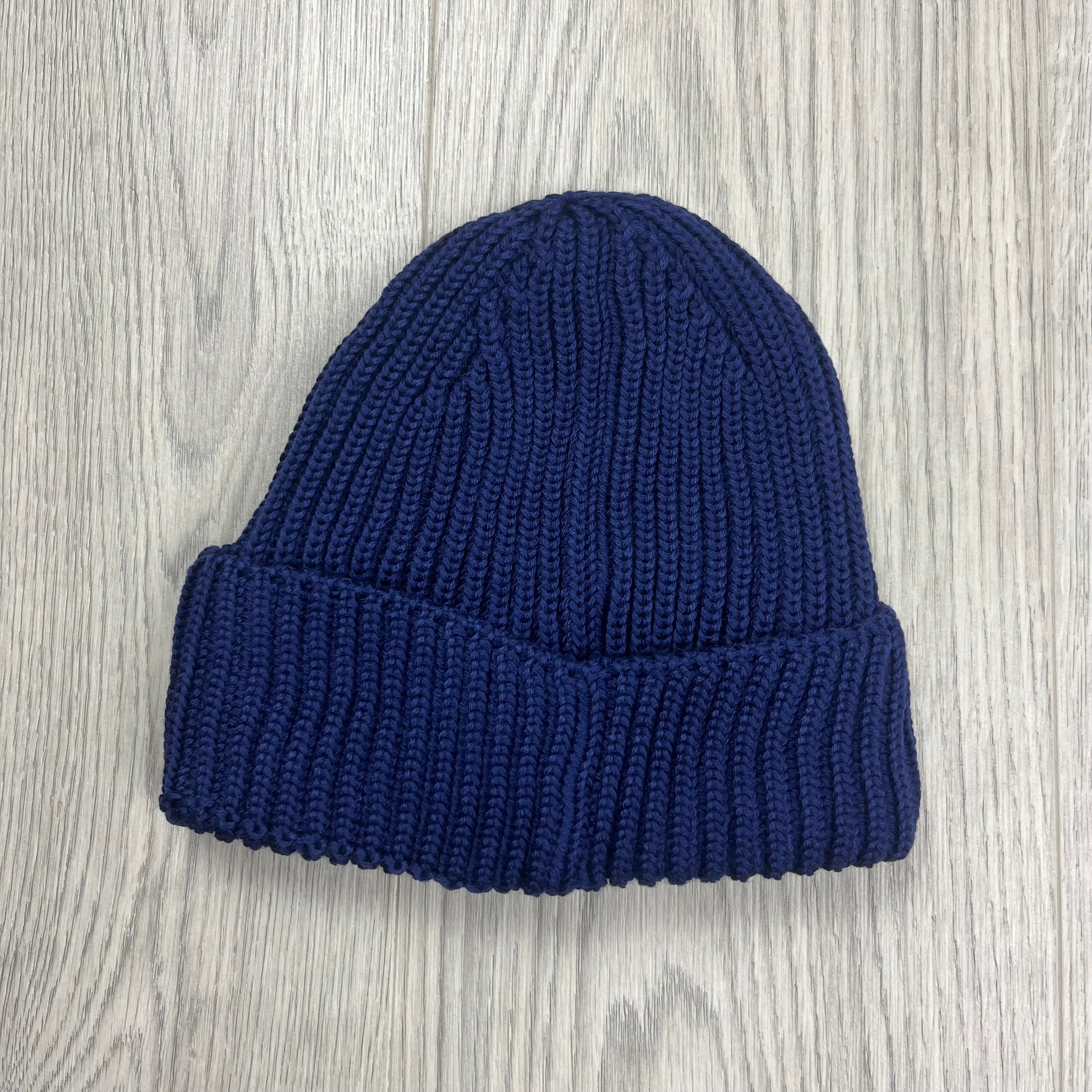 CP Company Merino Wool Lens Beanie in Estate Blue. On sale at Open Attire.