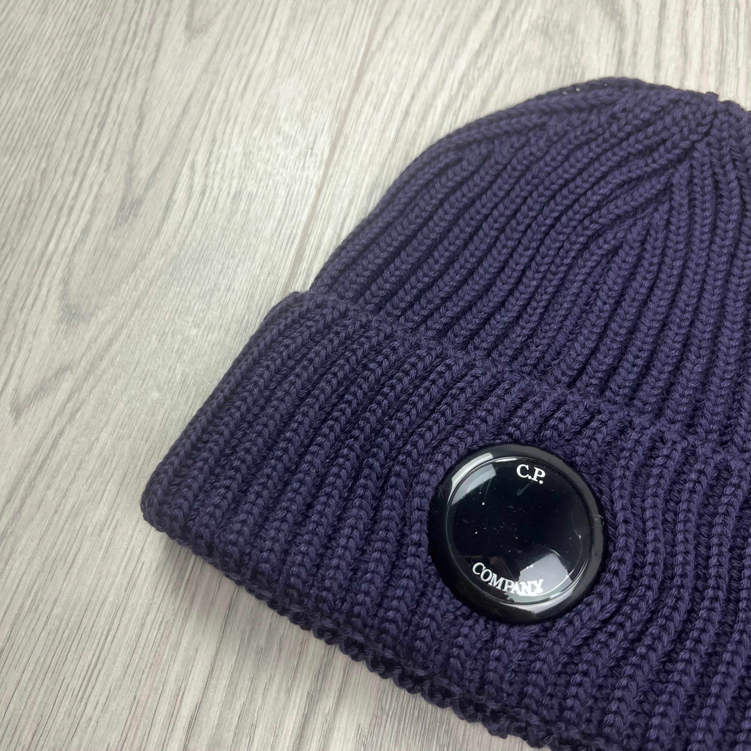 CP Company Merino Wool Lens Beanie in Nightshade. On sale at Open Attire.