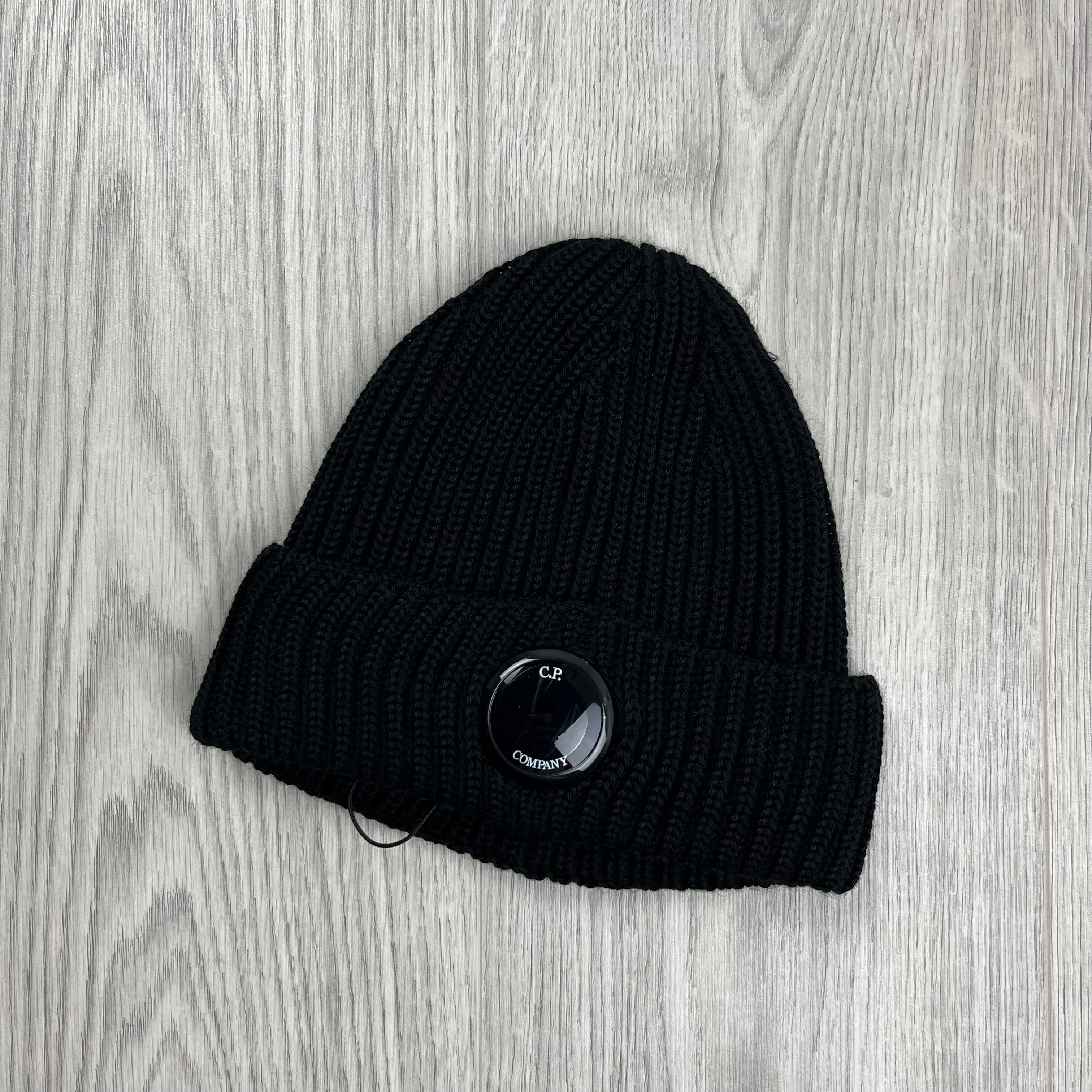 CP Company Lens Beanie in Black. On sale at Open Attire.