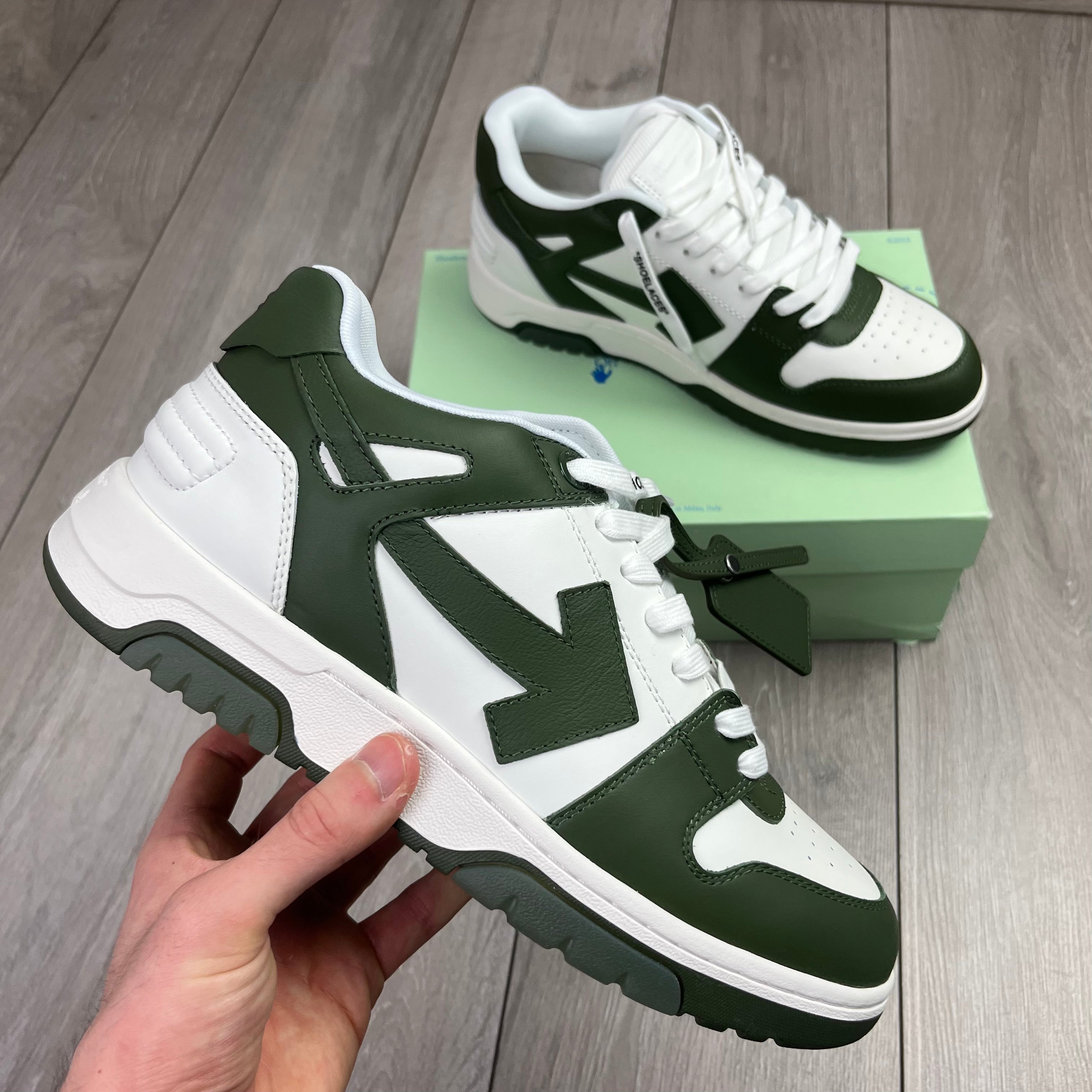 Off-White c/o Virgil Abloh Out of Office Sneakers in white and khaki green. On sale at Open Attire.