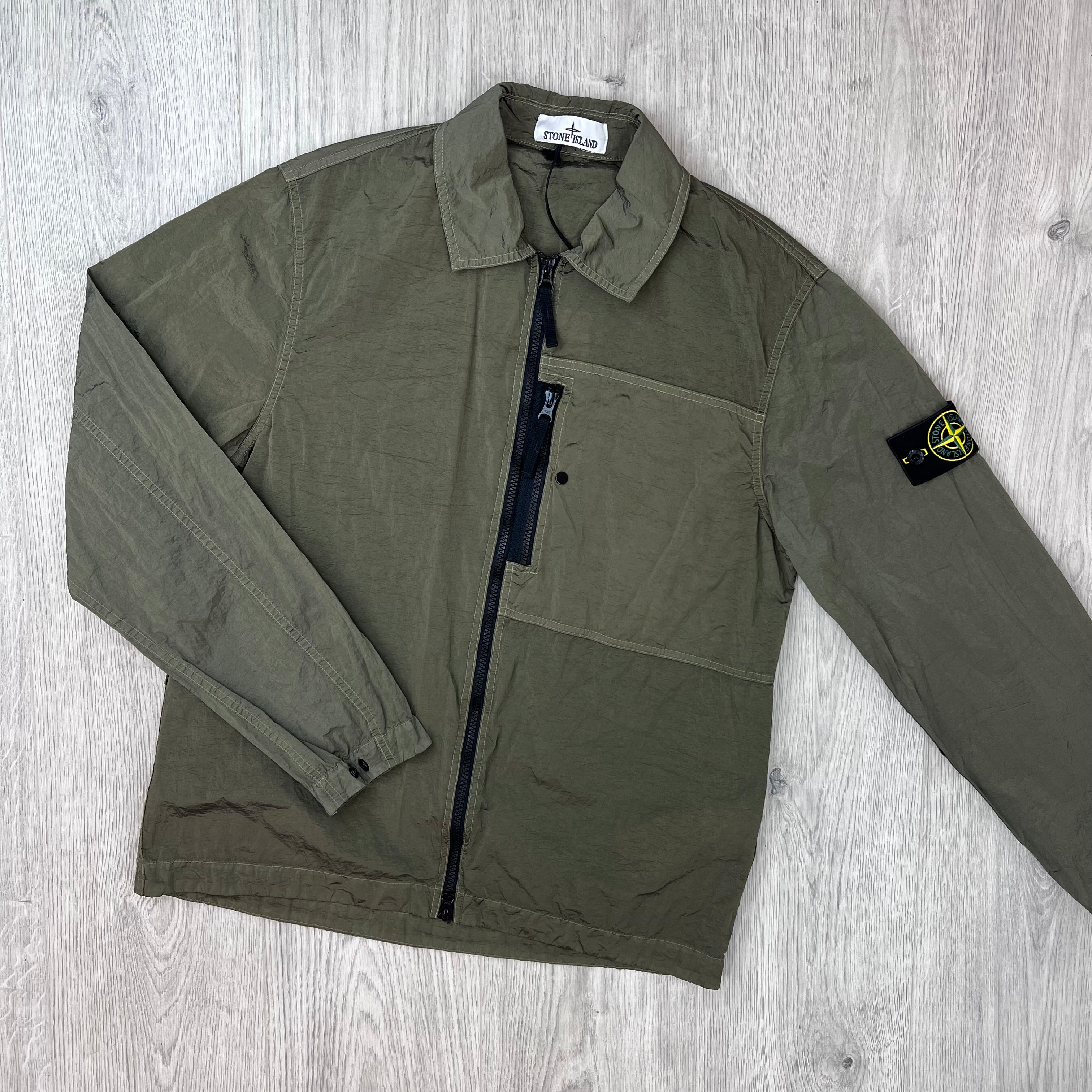 Front view of the Stone Island Nylon Metal Overshirt in Military Green.