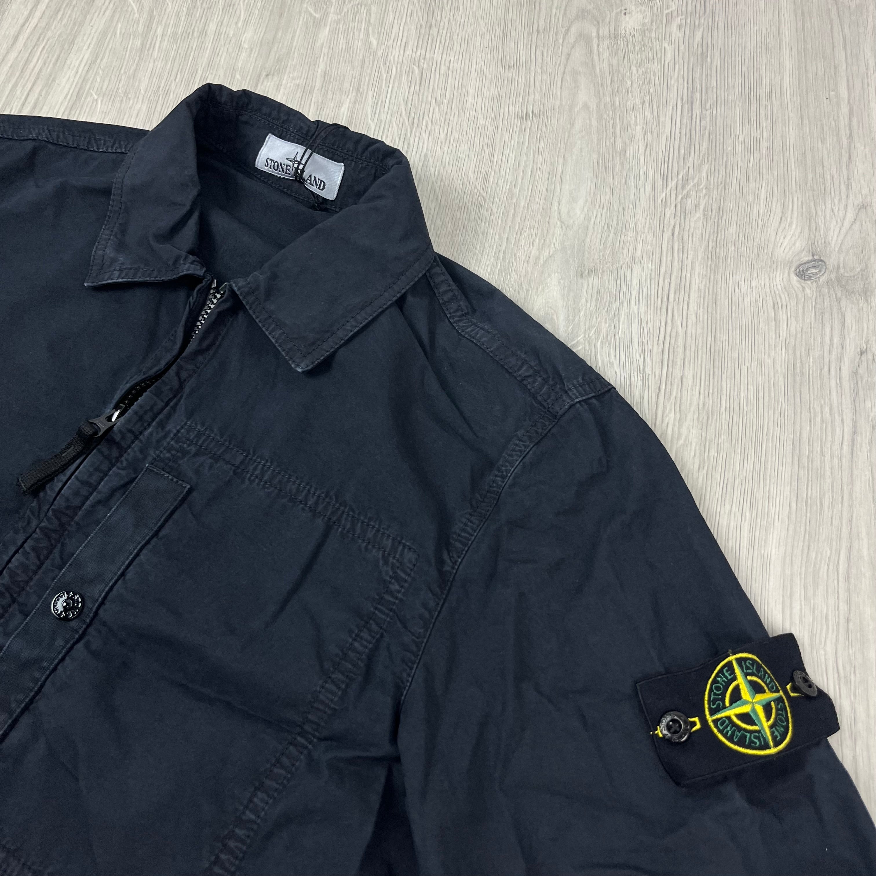 Stone Island Cotton Canvas Zip Overshirt in Navy Blue. On sale at Open Attire.